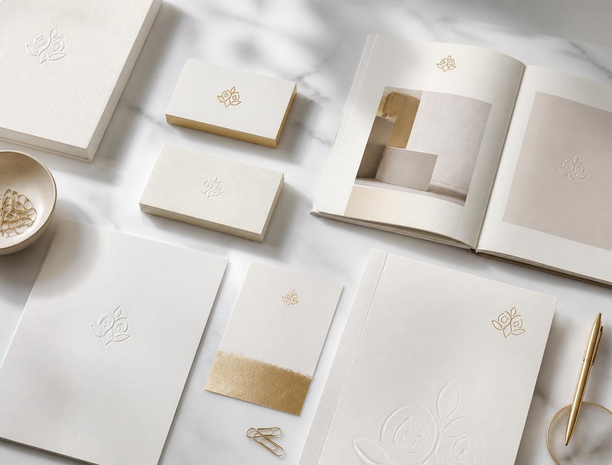 Ivory and gold luxury brand identity collateral laid out on white marble